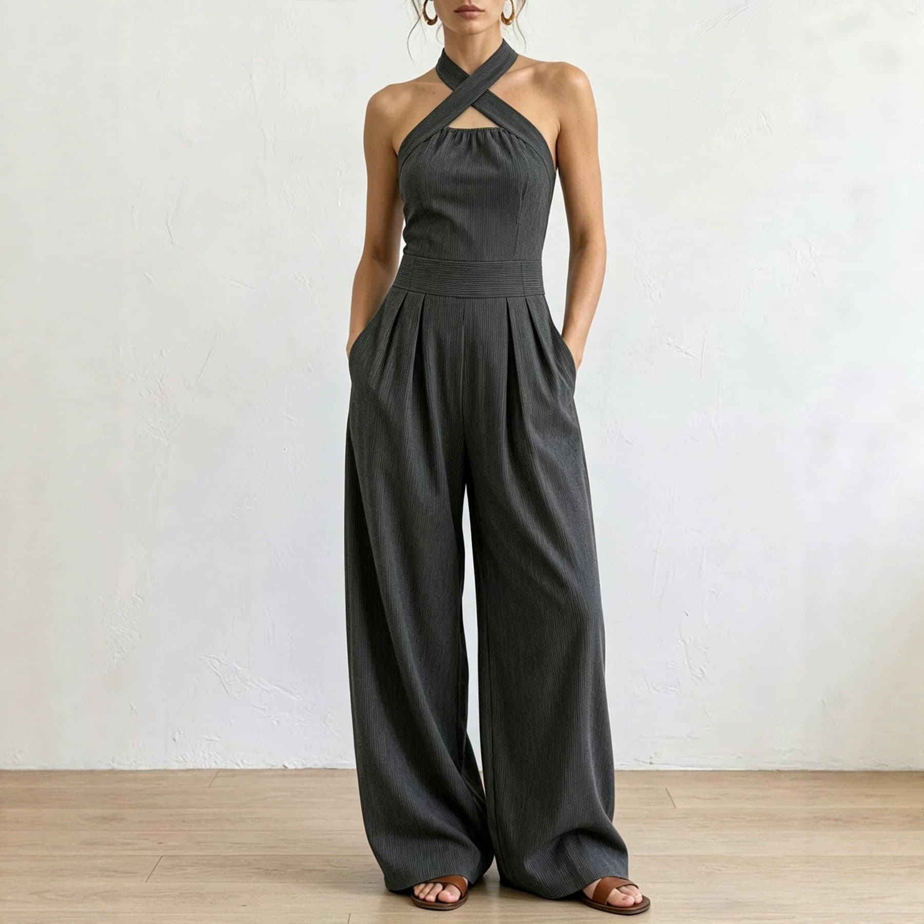 New Summer Elegant Off-Shoulder Sleeveless Cross Halter Jumpsuit Wide-Leg Woven Striped Solid Color Women