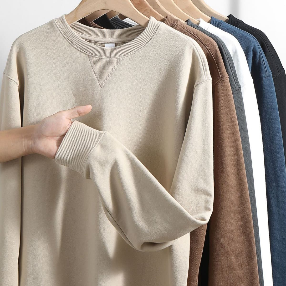 380g Heavyweight Combed Cotton Crew Neck Sweatshirt Terry Loop Pullover Long Sleeve Inverted Triangle Casual Top In Stock