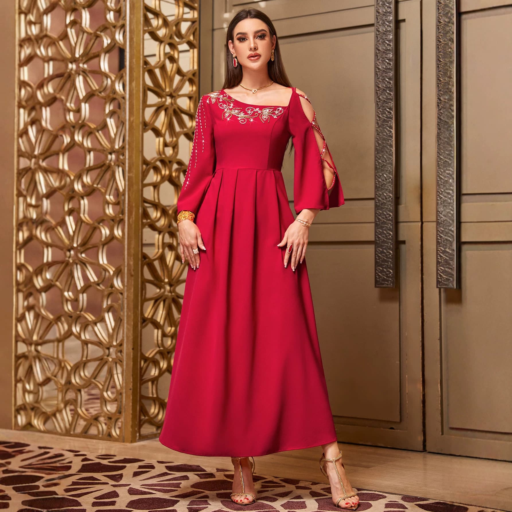 4017 Dubai Red Evening Dress with Gold Embroidery and Rhinestones