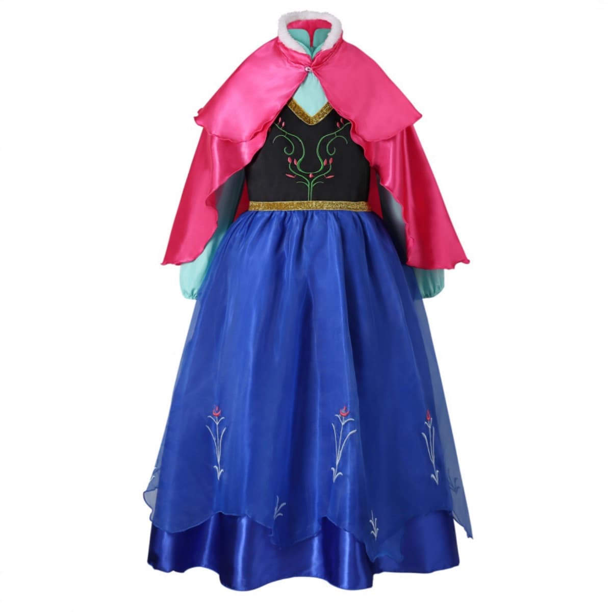 Frozen Princess Dress Halloween Girls' Anna Long Sleeve Fur Collar Dress Embroidered Mesh Gown Skirt