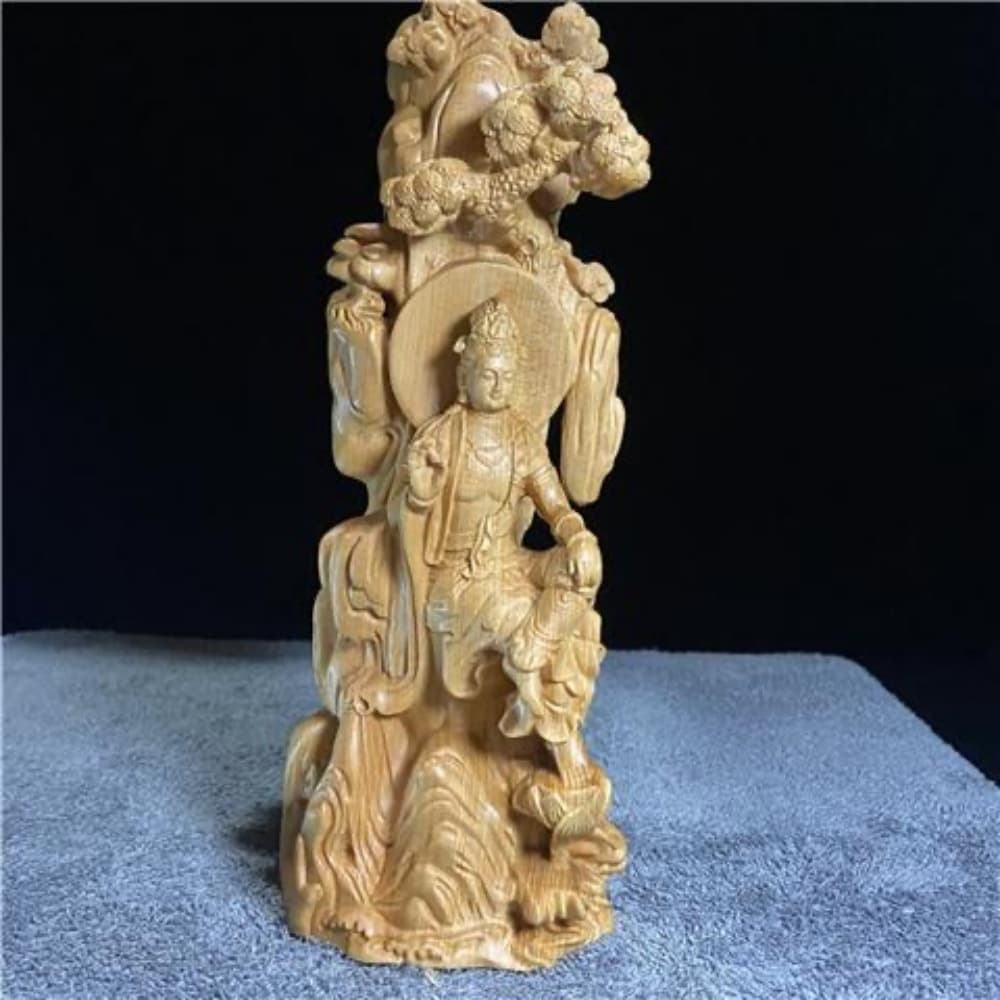 Boxwood Pine Tree Free-Sitting Guanyin Statue 18cm Wooden Craft Carving Bodhisattva Decorative Collectible