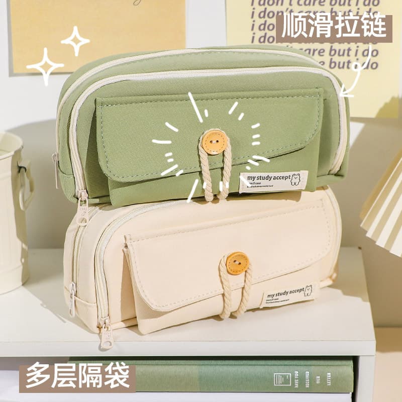 In Stock Four-Layer Button Pencil Case, High-Aesthetic Ins-Style Pencil Pouch for Elementary School Girls, Cute and Large Capacity Pencil Bag