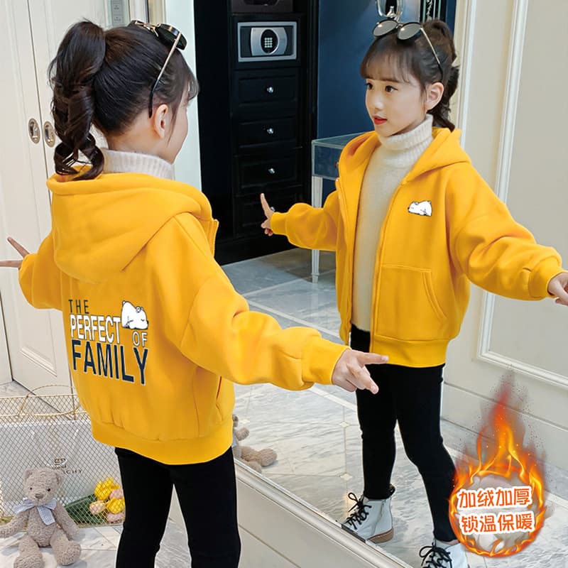 Girls Fleece Lined Open Cardigan Hoodie Winter Children's Autumn Fashionable Base Layer Shirt Medium to Large Children Korean Style Autumn Winter Top