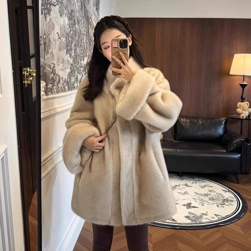 Faux Mink Plush Mid-length Stand Collar Fur Blend Korean Style Roll-up Sleeve Vintage Two-tone Fur Winter Coat Women