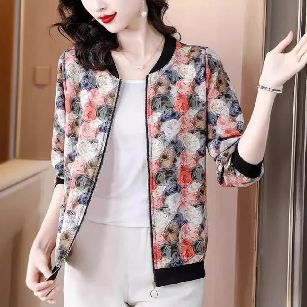 Summer Fashionable New Floral Thin Short Jacket Baseball Women Plus Size Mother Cardigan Sun Protection Top Outerwear