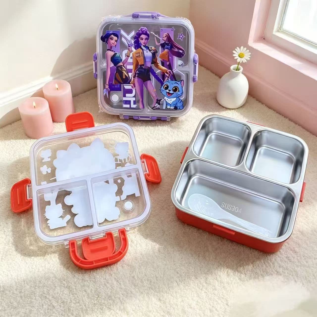 New Minecraft Sealed Three-Compartment Stainless Steel Lunch Box, Witch Hunter Squad Student Portable Divided Lunch Box Wholesale