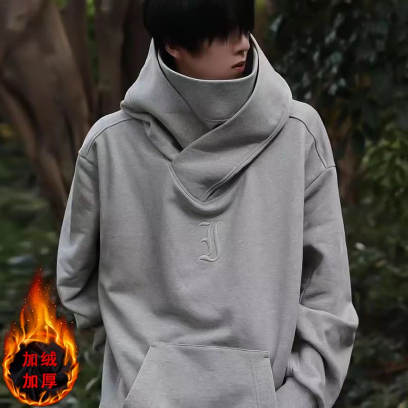 Chinese Trend High-Neck Hooded Sweatshirt for Men, Spring/Autumn Fleece-Lined Thickened Oversize Loose Draping Streetwear