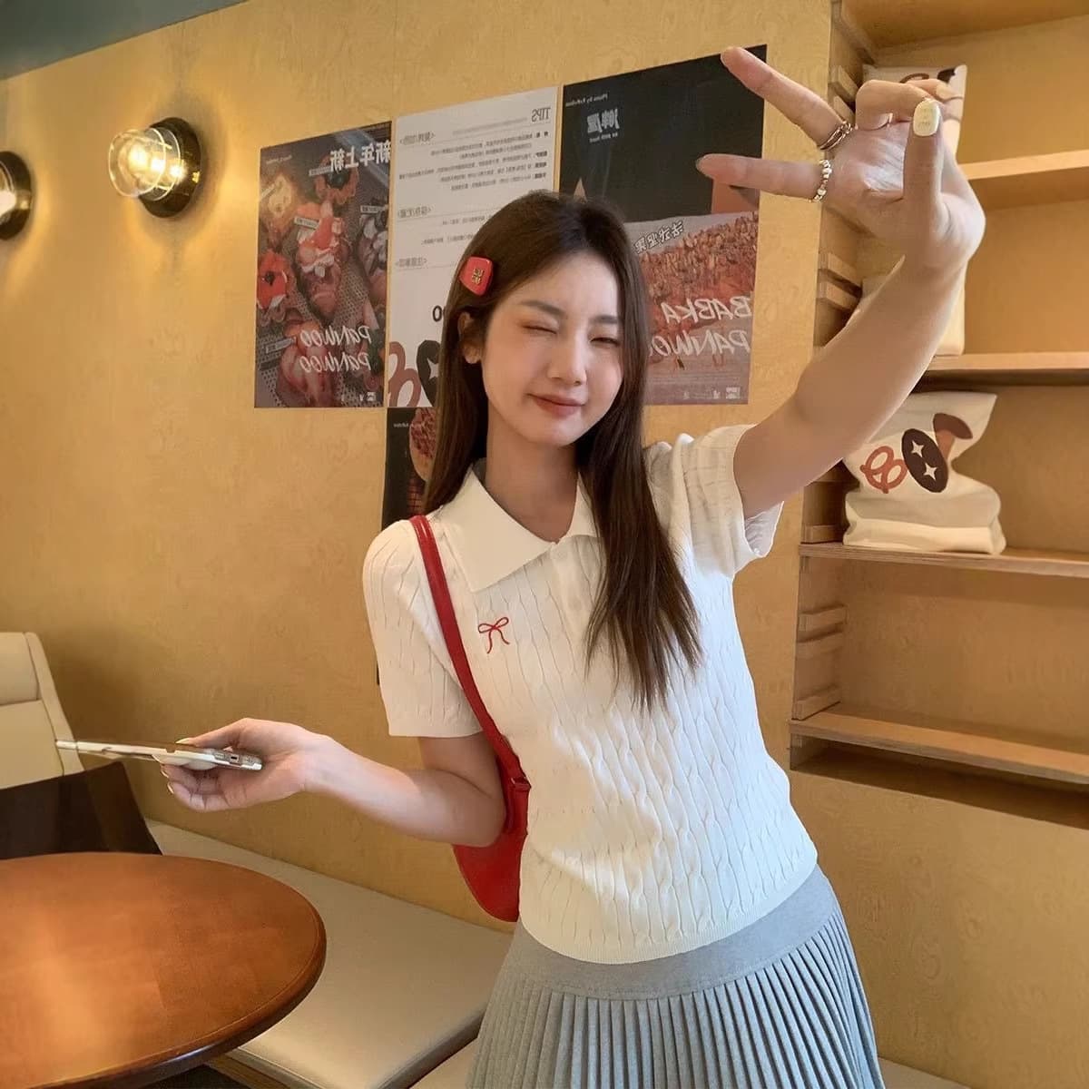 College Style Polo Neck Design Short Sleeve Knit Top for Women, 2026 Summer New Butterfly Embroidery Cropped Top