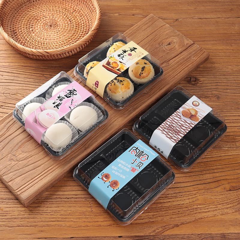 Four-lattice Snow Mei Niang packaging box, meat floss, Becks puffs, green dumpling box, egg yolk puff pastry, disposable plastic packaging box cake