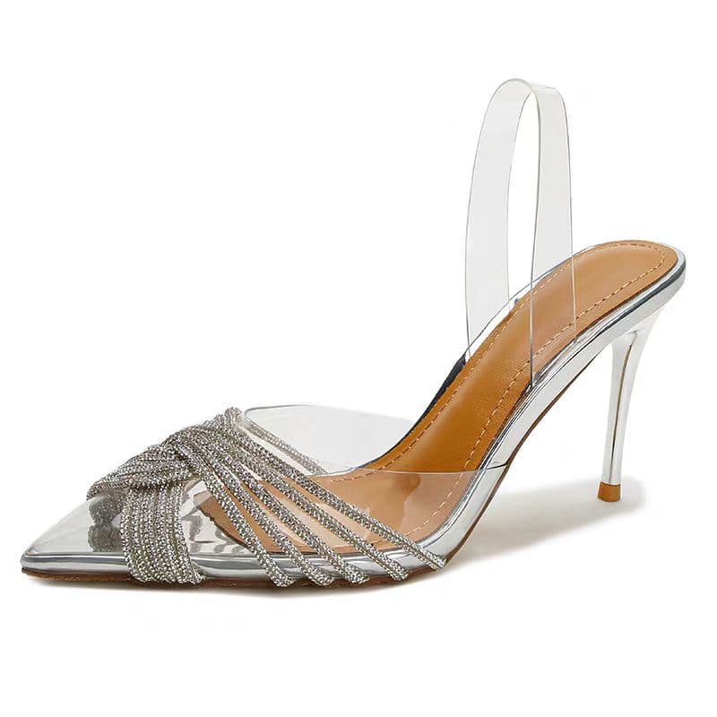 Pointed-toe transparent rhinestone high-heeled sandals, 2024 summer new style, trendy and sexy slippers for women.