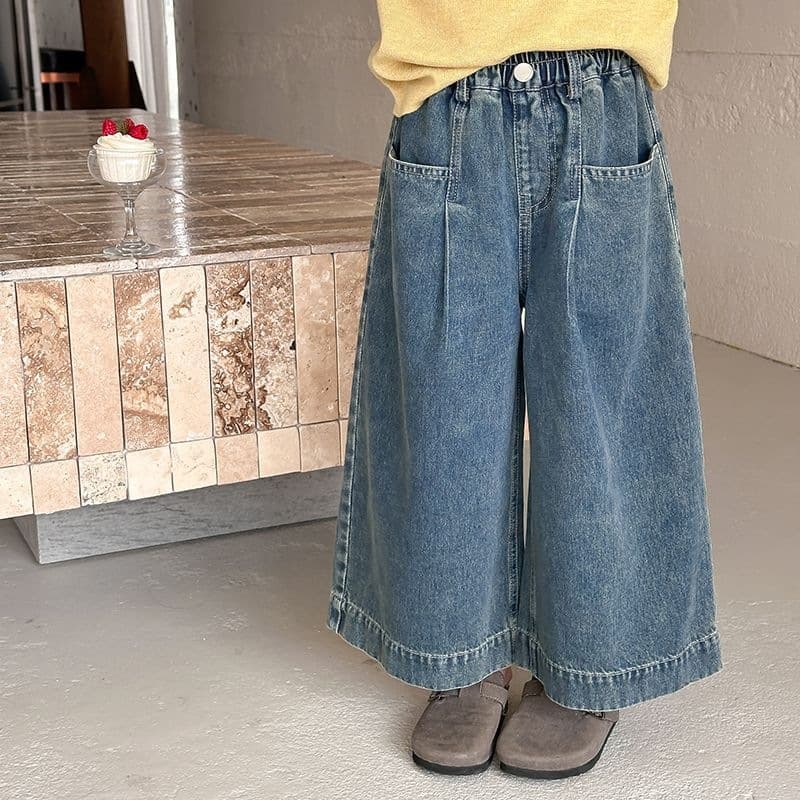 Girls' Stylish Cute Cat Wide-Leg Jeans Children's Casual Loose Straight Pocket Denim Pants Spring Older Kids Trousers
