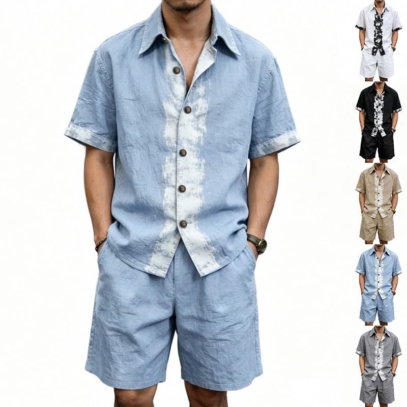 Cross-border Europe and America Summer Men's Linen Set Amazon Casual Thin Short Sleeve Shirt and Shorts Two-Piece Set Men
