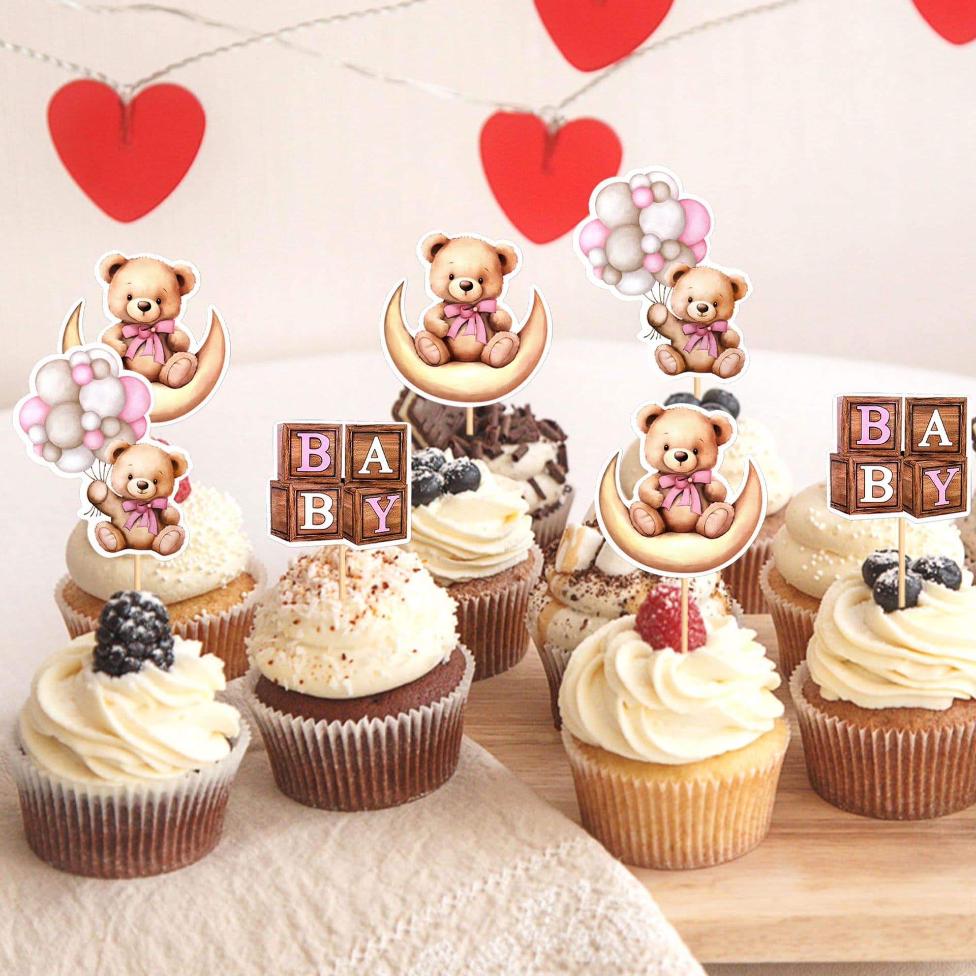 Children's Blue Moon Bear Cupcake Toppers Baby Birthday Party Decorations Selected Dessert Cute Inserts