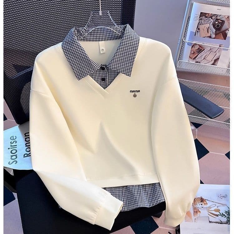 Fake Two-Piece Patchwork Plaid Polo Collar Sweatshirt for Women, Spring and Autumn 2026 New Design, Loose Fit, Hoodless Top