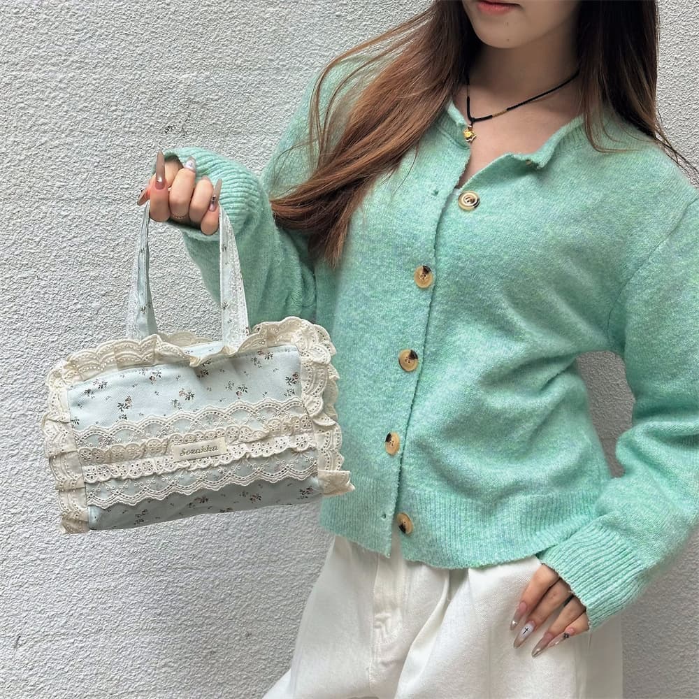 58316 Lace Floral Canvas Bag for Women 2025 New Style Fashion Casual Commuter Tote Bag with Lace Trim Handbag