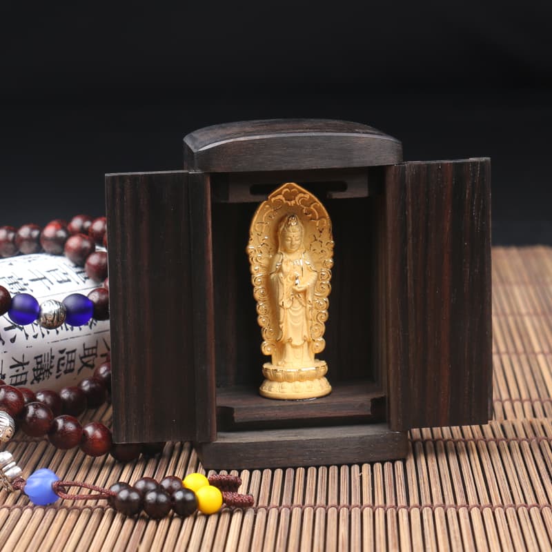 Sandalwood Buddha Box with Velvet Gold Sand Buddha Statue, Altar Stand, Small Shrine, Portable Buddha Plaque, Miniature Shrine, Natural Solid Wood