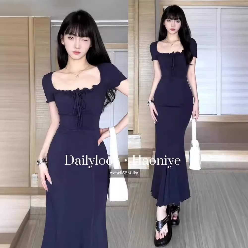 French retro dress for women in summer, slim fit, slim waist, pure lust, little mother style, hip-hugging fishtail long skirt