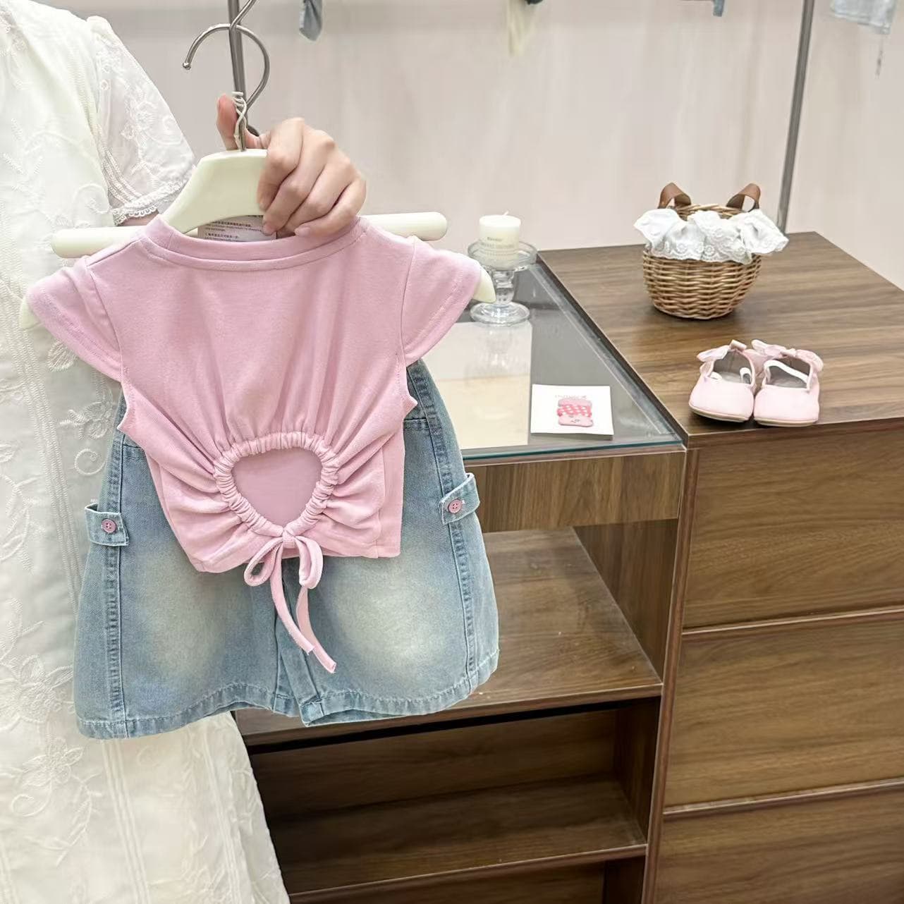 2026 new summer style girls summer short-sleeved T-shirt denim overalls five-quarter pants suit 26317
