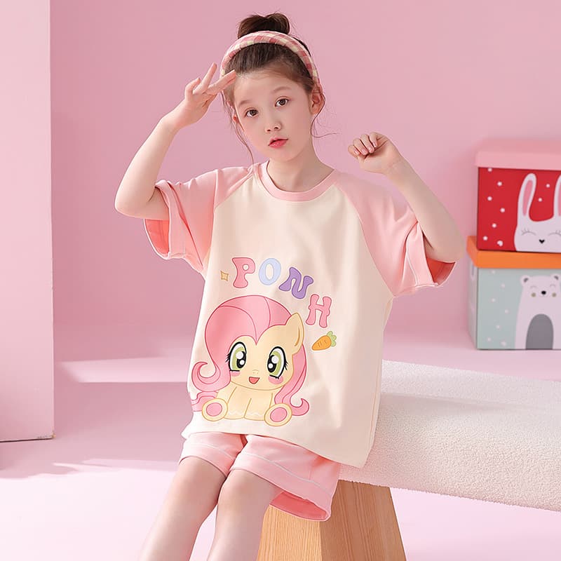 Girls' Summer Cotton Short-Sleeve Cartoon Pajamas, Cute for Middle and Older Children, Teens, Homewear Wearable Outside