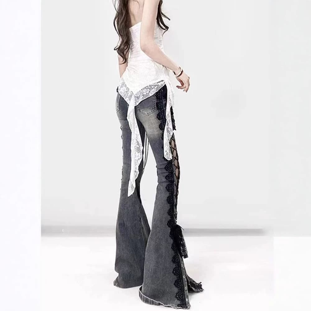 American retro lace strap slit jeans for hot girls, slim fit, micro-flared floor mopping pants