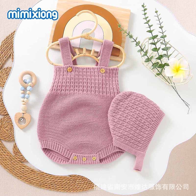 ins summer Amazon European and American new cross-border infants and young children solid color suspenders one-piece romper + hat set