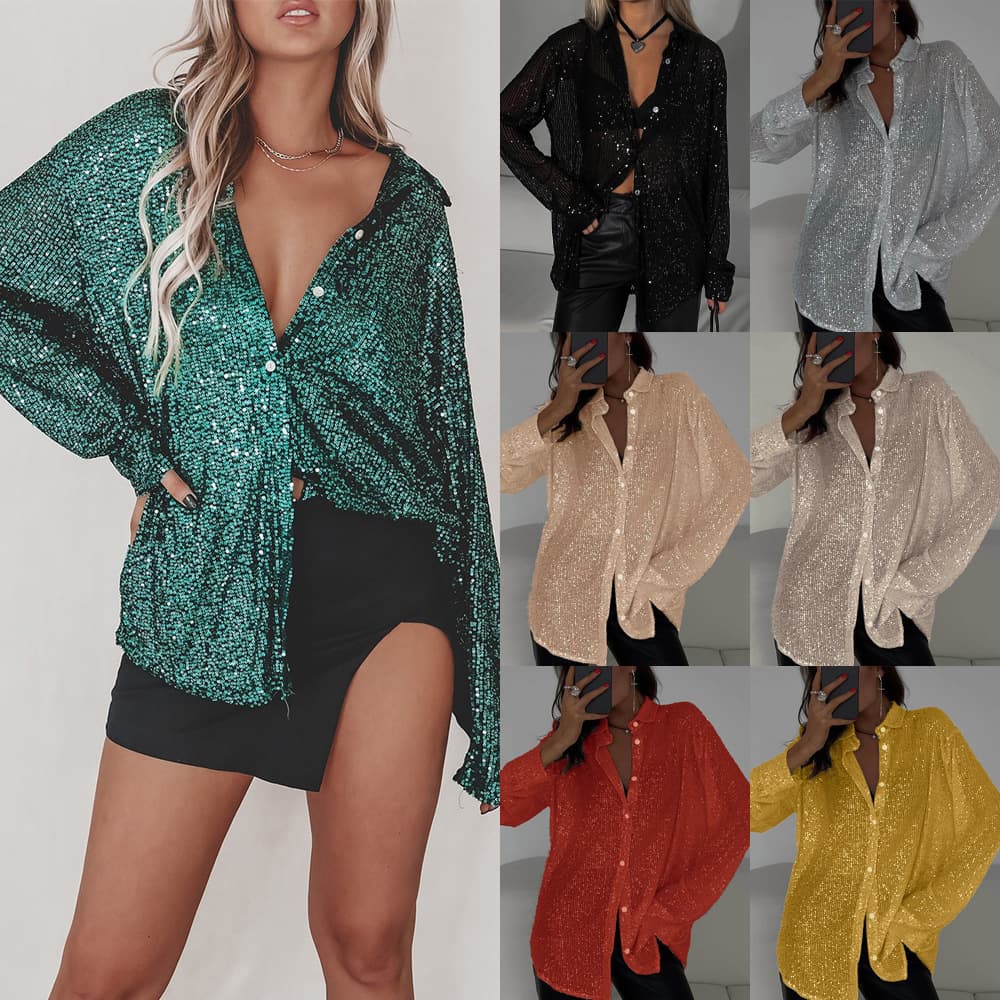 2025 Spring/Summer European and American New Sequin Top Notch Lapel Long Sleeve Cardigan Basic Style Cross-border Women's Shirt Jacket