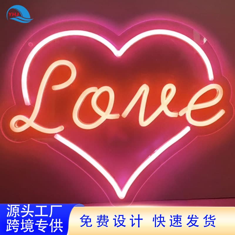 Customized LED neon lights with illuminated letters, mood lighting, heart-shaped signs, birthday decorations, creative designs.