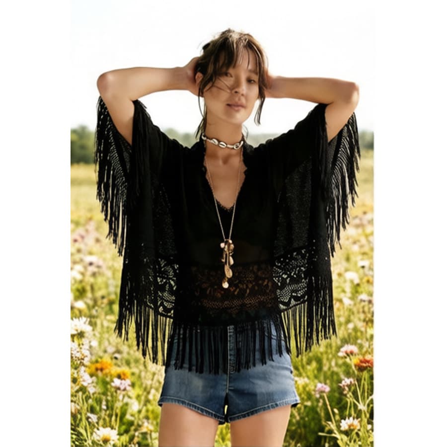 Amazon New Spring/Summer Top Mesh Cover-Up Women Batwing Sleeve Beach Loose Sun Protection Tassel Lace Trim