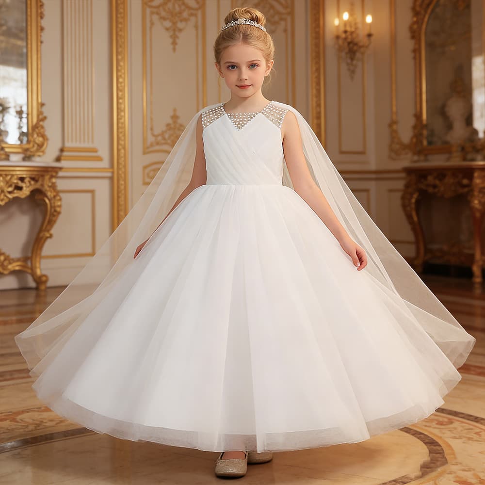 Children's Evening Dress Tulle Flower Girl Wedding Gown Long Princess Dress for Host Piano Performance