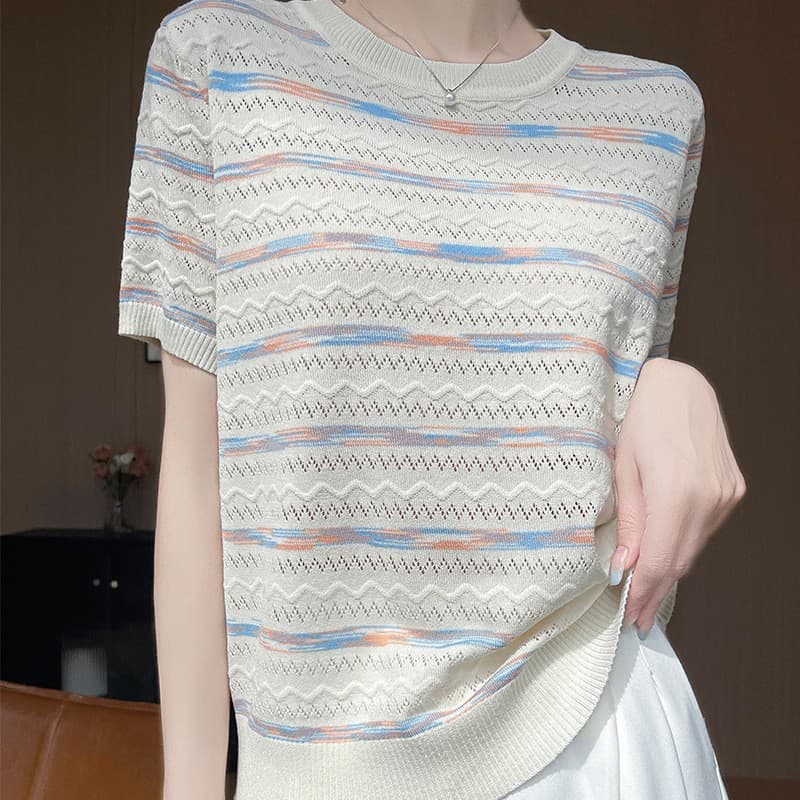 Refreshing Rainbow Stripe Unique Design Ice Silk Short Sleeve Women's Round Neck Knit Three-Quarter Sleeve T-Shirt Trendy
