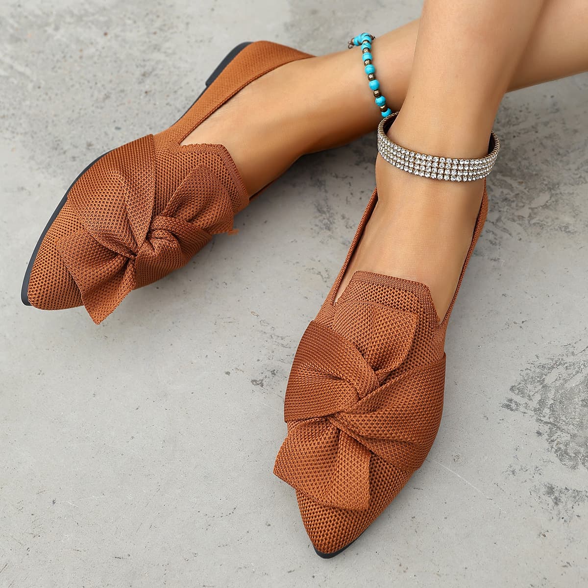 Cross-border Large Size Women's Shoes 2025 New Spring Autumn Pointed Toe Flat Single Shoes Large Size Knitted Slip-on Casual Low Heel