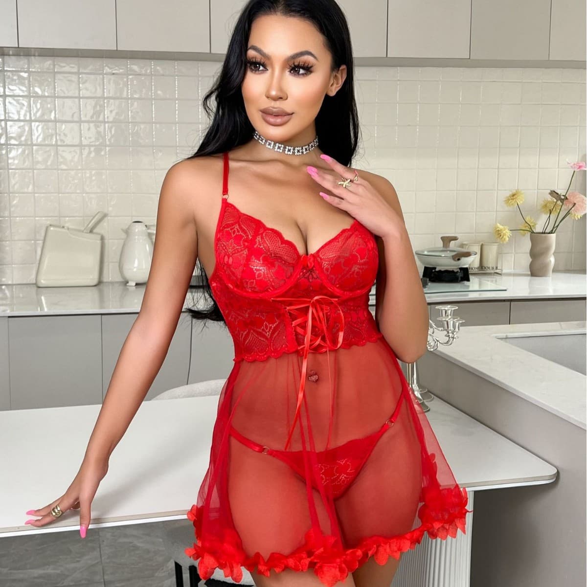Cross-Border Foreign Trade Erotic Lingerie Lace Sexy See-Through Camisole Nightgown Seductive Dress Youthful Home Wear