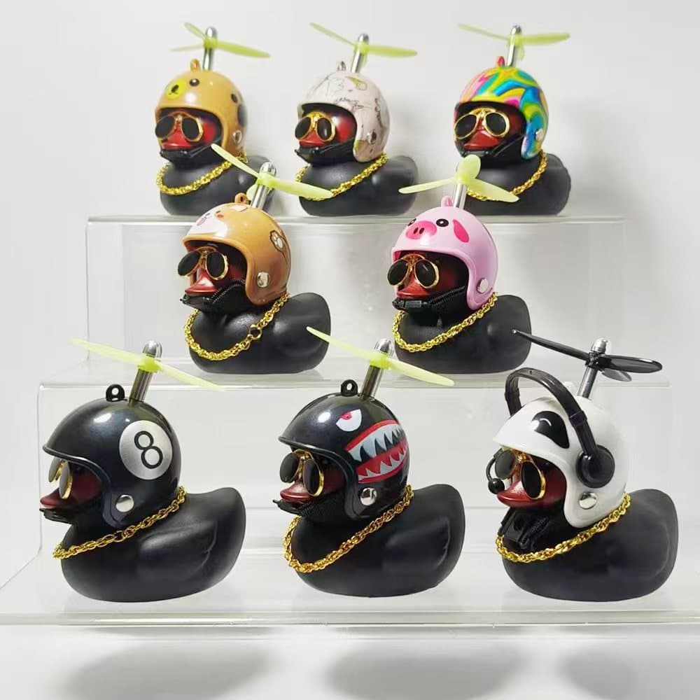 Car Ornament Little Black Duck Wind-Breaking Duck with Bamboo Dragonfly Helmet Glasses Gold Chain Car Dashboard Ornament Duck