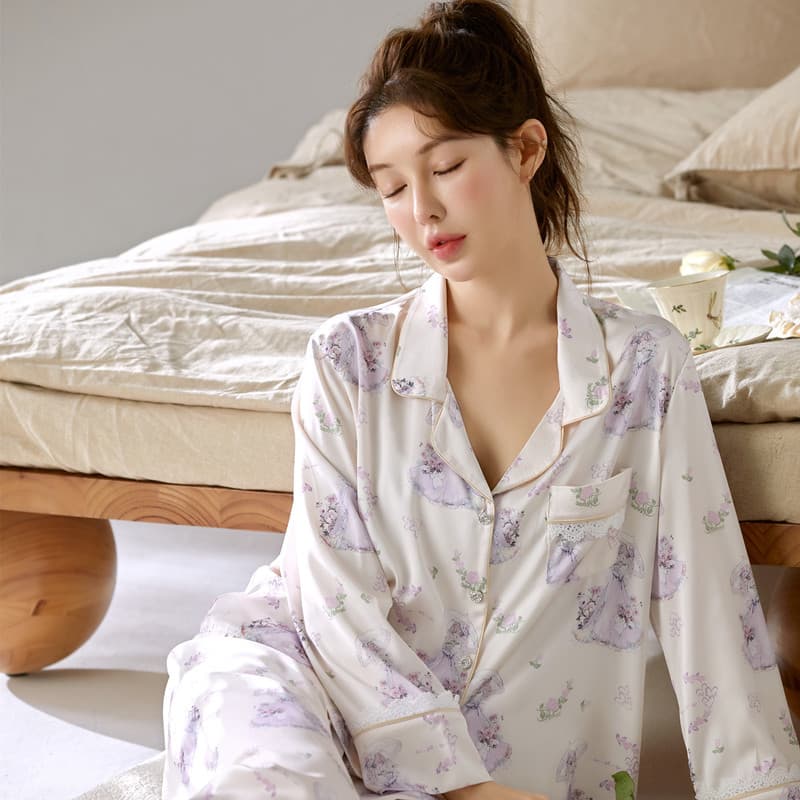 Women's Spring and Summer Pajamas, Cute Long Sleeves, New Imitation Silk, Ice Silk, Plus Size, Wearable Pajamas, Homewear Set