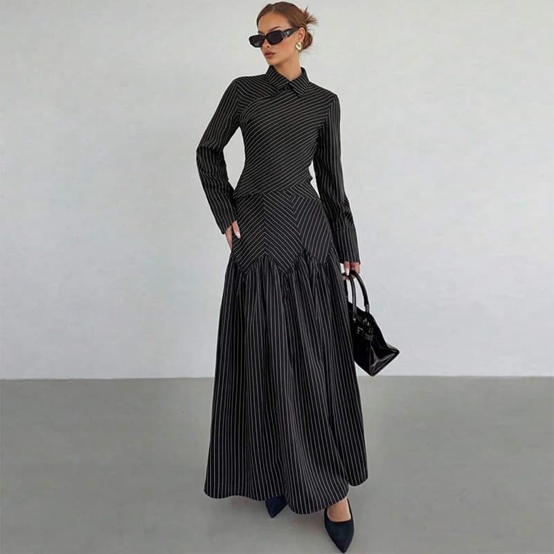 European and American Cross-Border Women's 2026 Summer New Fashion Elegant Notched Stripe Slim Fit Blazer and Midi Dress Set