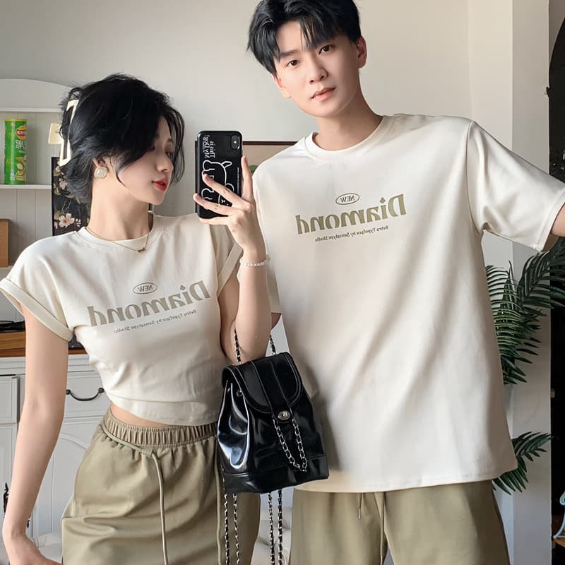 2024 Summer New Couple Outfit Versatile Short Sleeve Letter Print T-Shirt Women's Summer Two-Piece Set