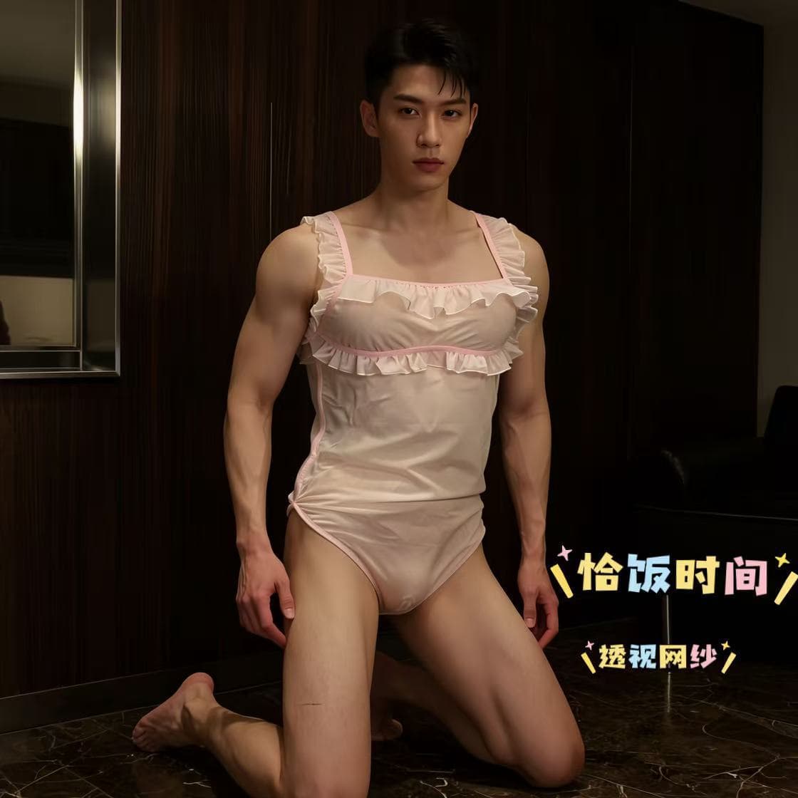 Men's pure lust pink lace bodysuit sexy see-through open-flap sexy lingerie transvestite role play