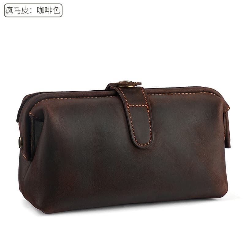 Cross-border new top-layer cowhide cosmetic bag, genuine leather toiletry bag, multi-functional gold clip clutch bag, factory wholesale