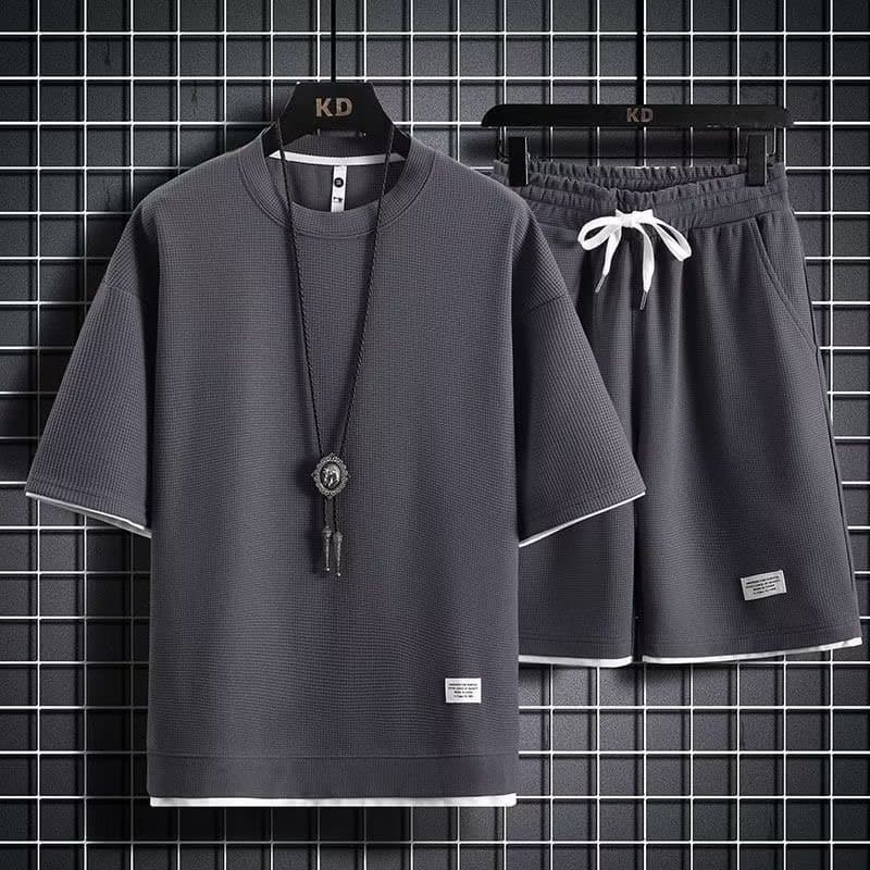 Men's Casual Sport Set Summer Ice-Feel Trendy Loose Waffle Short Sleeve and Shorts Stylish Outfit