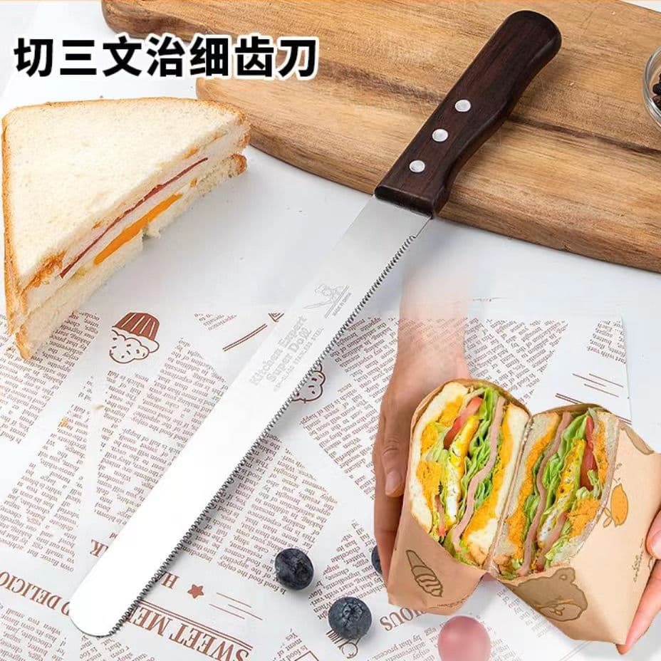 Pocket Sandwich Knife Stainless Steel Bread Knife Toast Slicer Serrated Knife Wood Handle Cake Layerer Baking Tool