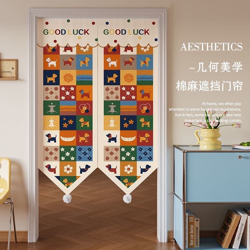 Cartoon Door Curtain for Kids Room Partition, No-Drilling Dopamine Half Curtain for Bathroom Privacy