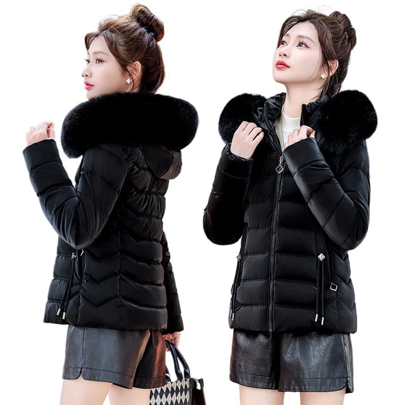 2025 Short Cotton Coat for Women Korean Style with Big Fur Collar Slim Fit Detachable Hood Warm Lined Quilted Jacket