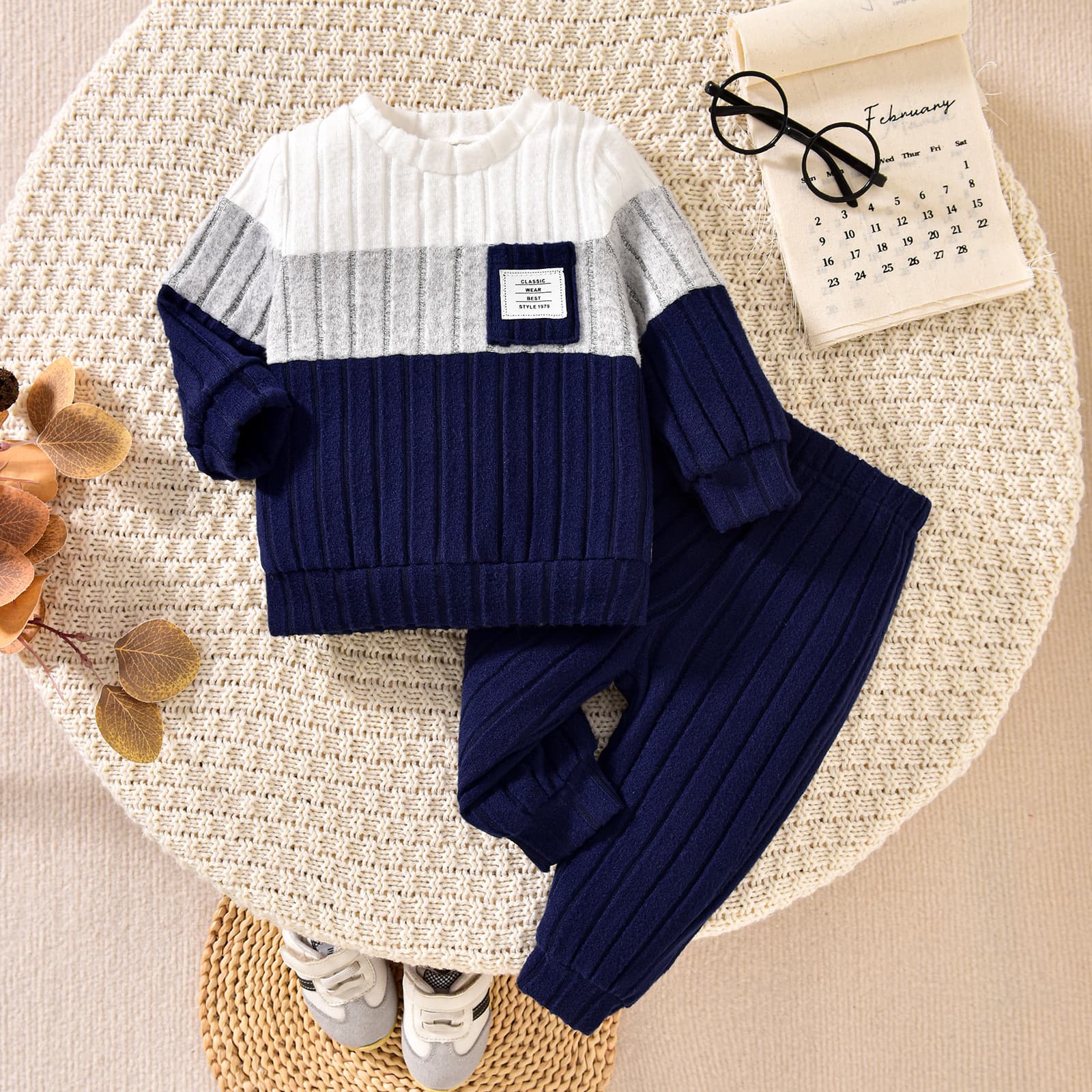 Boys Girls Casual Color-Block Ribbed Long-Sleeve Top and Pants Set