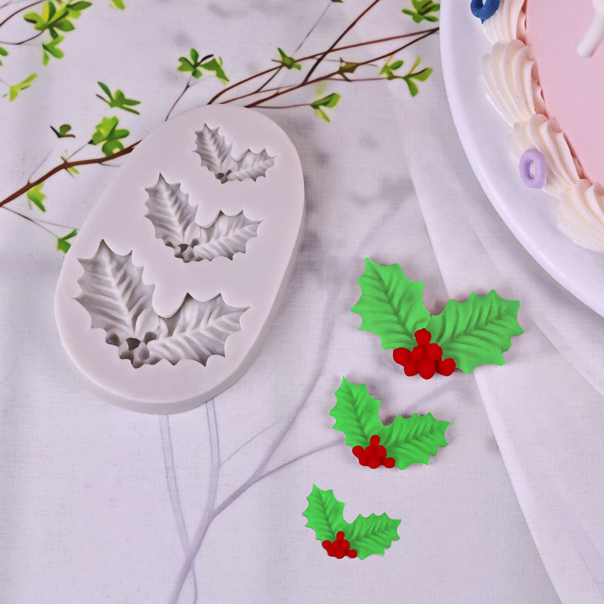 Simulated Plant Christmas Holly Leaf Silicone Mold Embossing Mold Cake Baking Decoration Fondant Candle Mold