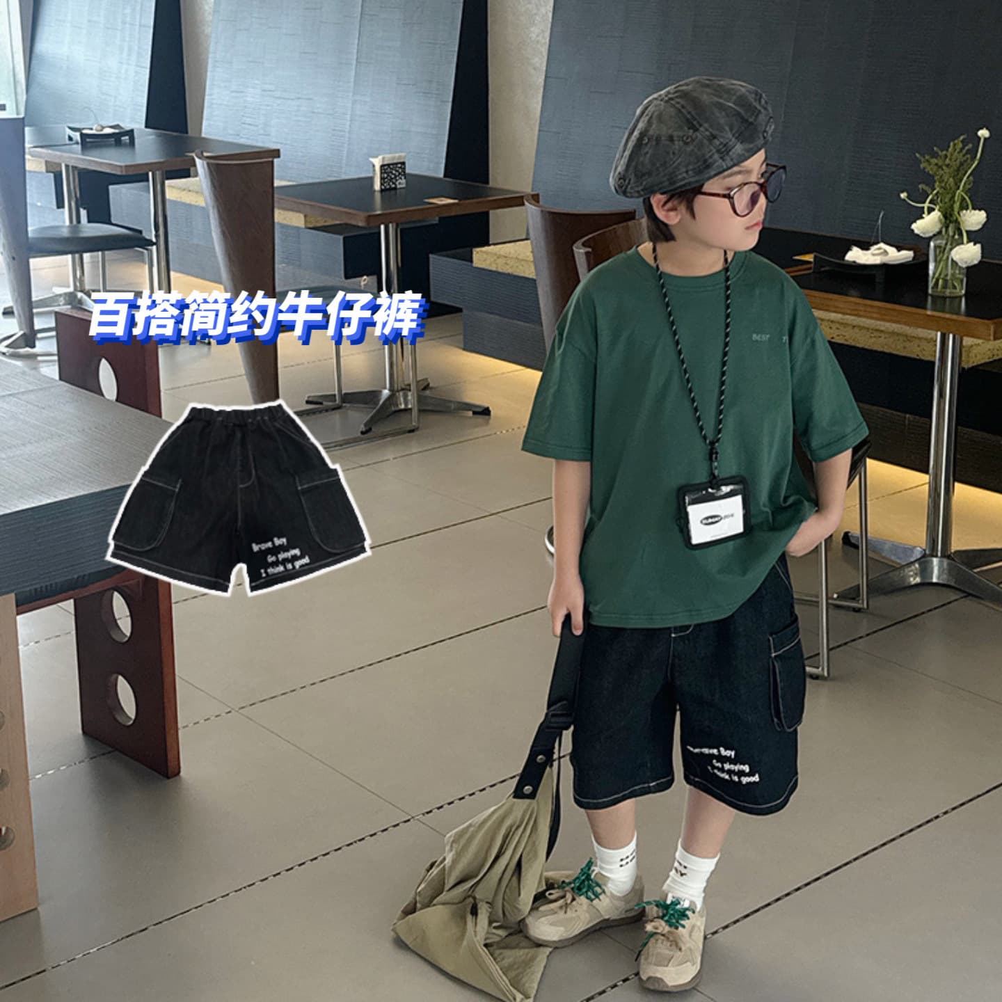 Tongchenchenma Workwear Denim Shorts for Kids, Stylish Big Pocket Boys Casual Pants, Summer Five-Quarter Length Trendy Pants