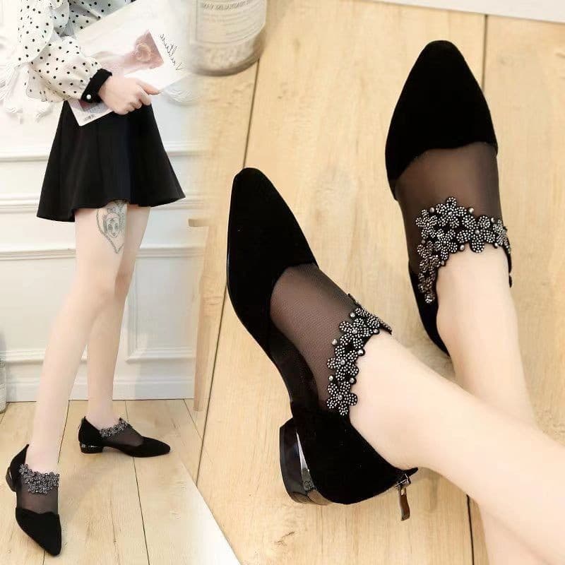 High Heel Sandals Women Mesh Summer Plus Size Middle-Aged Mother Shoes Mid Heel Flat Toe Closed Toe Single Shoes Hollow Out