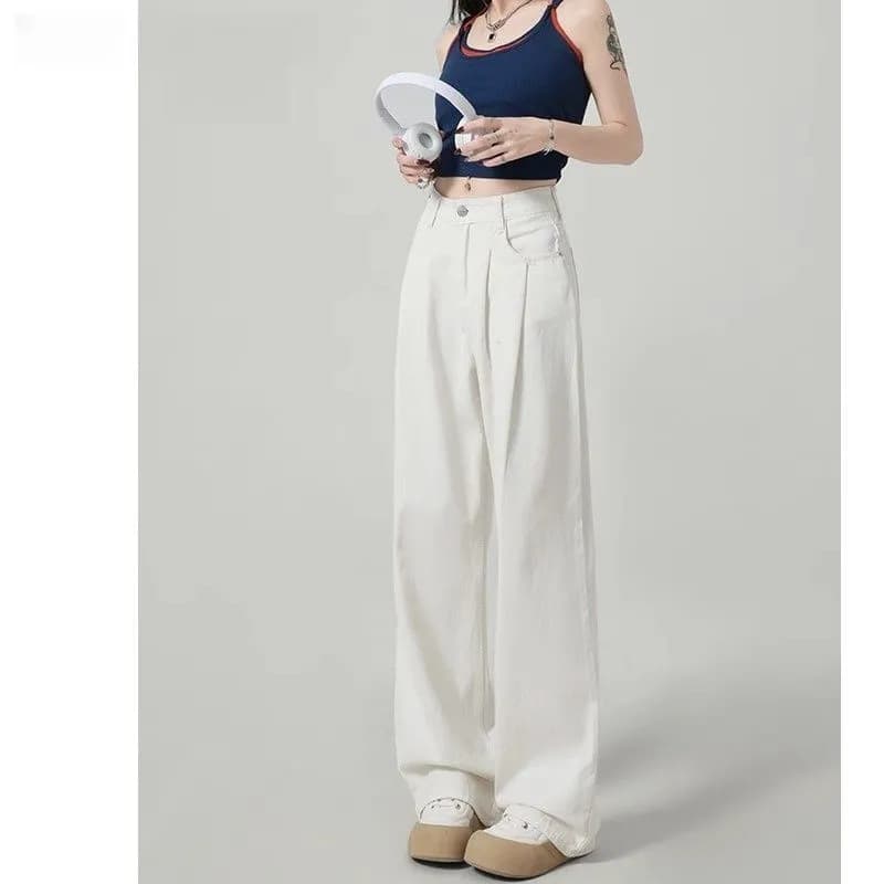 White loose slimming wide-leg jeans for women spring and summer new Korean lazy style niche high-waisted long pants