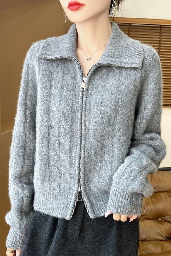 Autumn and winter lapel cashmere sweater double zipper wool cardigan simple twisted knit sweater thickened sweater women's coat top
