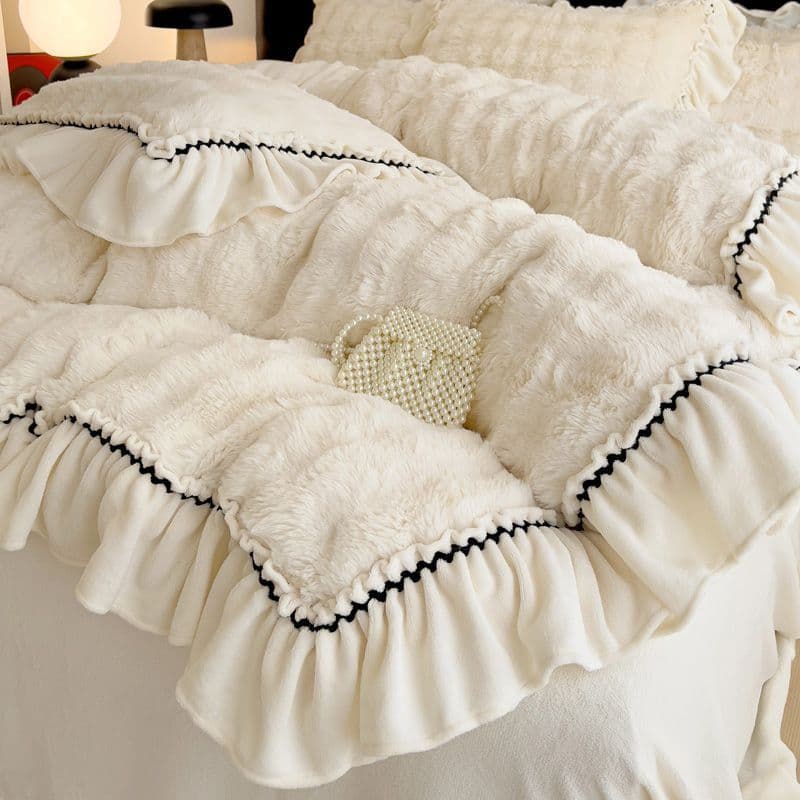Thickened lace rabbit plush four-piece bedding set, princess milk fleece warm sheet fitted sheet coral duvet cover double-sided fleece