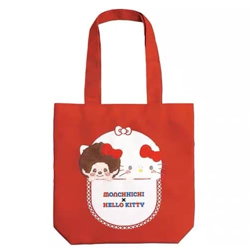 Japanese Sanrio Kitty Monchhichi Double-Sided Pattern Shoulder Bag Large Capacity Red Canvas Tote Bag